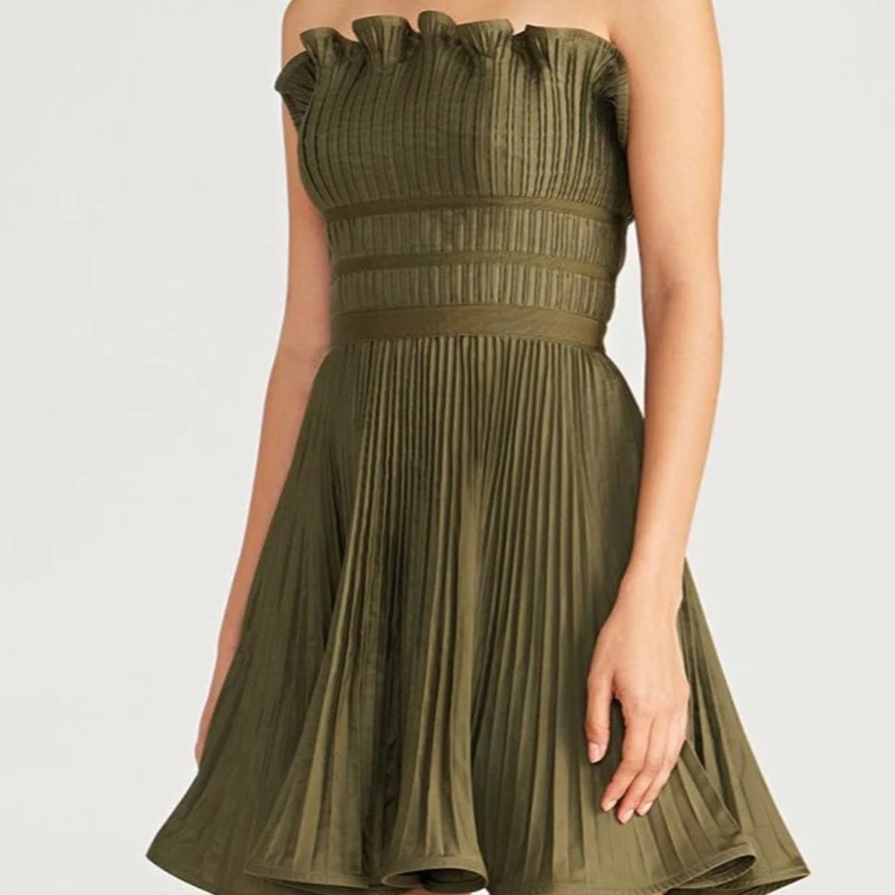 NWT Amur Lorena Strapless Pleated Bandeau Neck Olive Green Mini Dress
